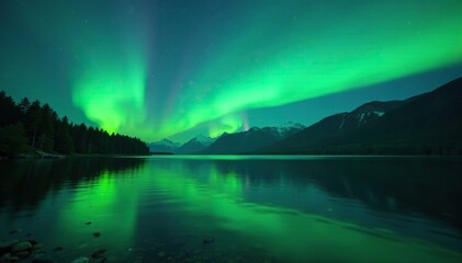 aurora green glow above serene lake waters at dusk, lake, peaceful, night landscape