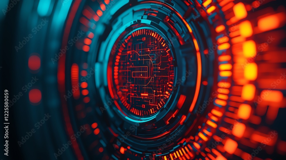 Aufkleber futuristic digital interface with glowing patterns in red and blue colors.