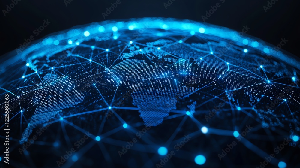 Poster futuristic digital globe with interconnected nodes and blue light, representing connectivity.