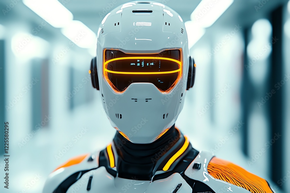 Poster futuristic humanoid robot with advanced features and glowing details in a modern environment.