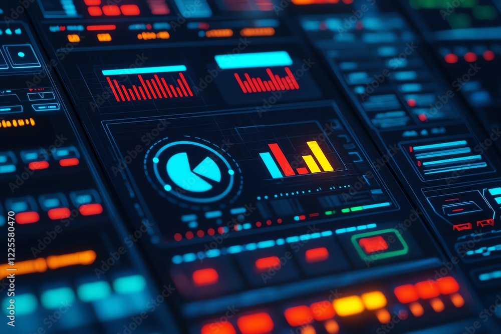 Poster futuristic interface with graphs, charts, and vibrant data visualizations.