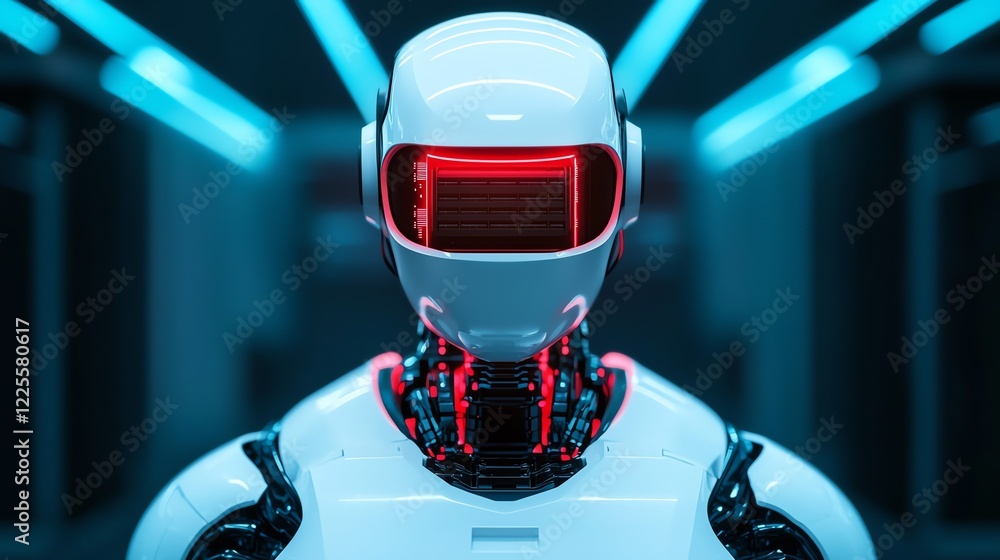 Poster futuristic robot with glowing features in a high-tech environment.
