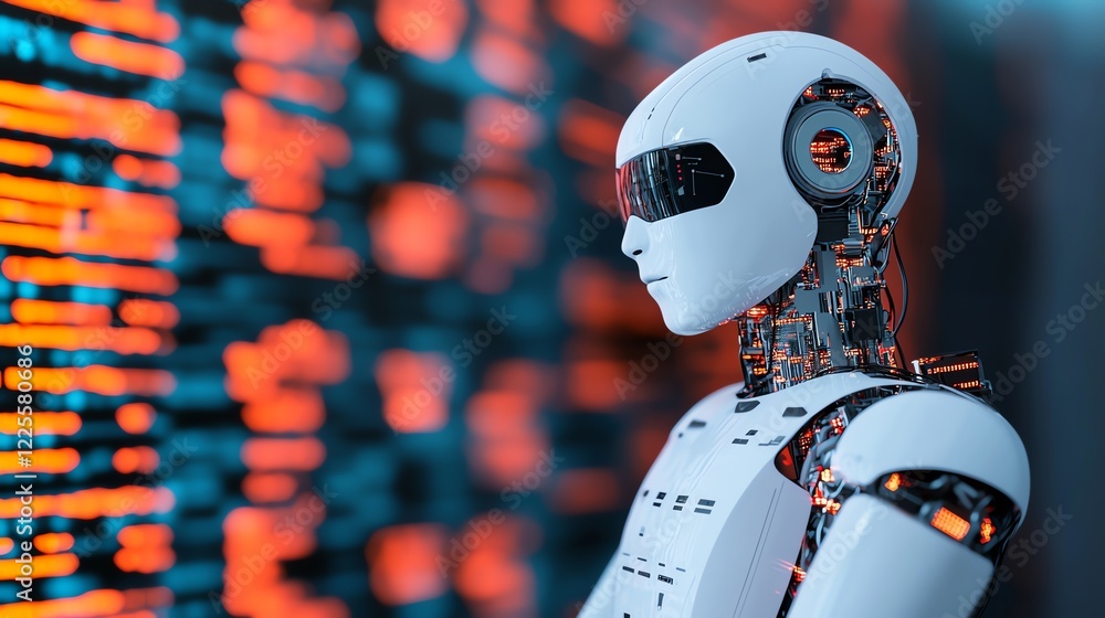 Poster futuristic robot with intricate details, showcasing advanced technology and design.