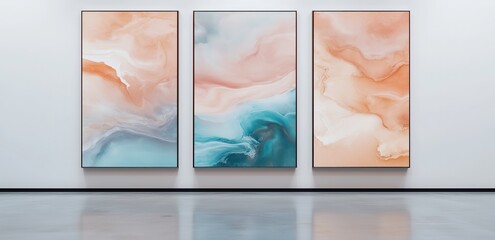 Abstract Art Triptych: A captivating triptych of abstract paintings in cool and warm hues, capturing the essence of flowing movement. Each canvas evokes a unique mood.