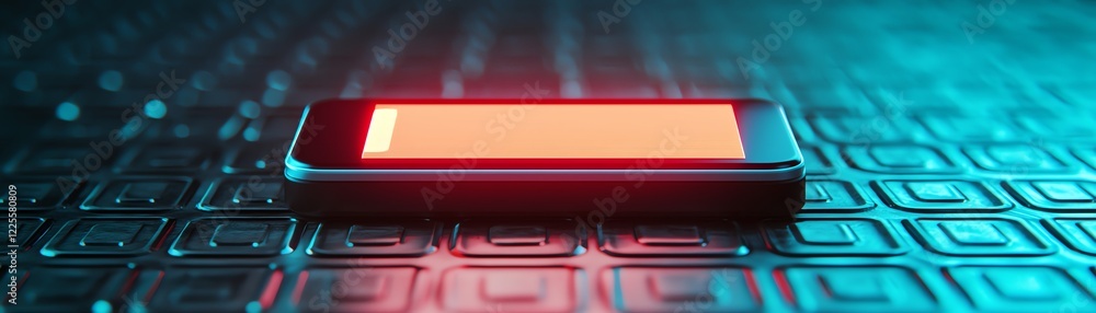 Aufkleber futuristic smartphone on illuminated surface with digital patterns and vibrant colors.