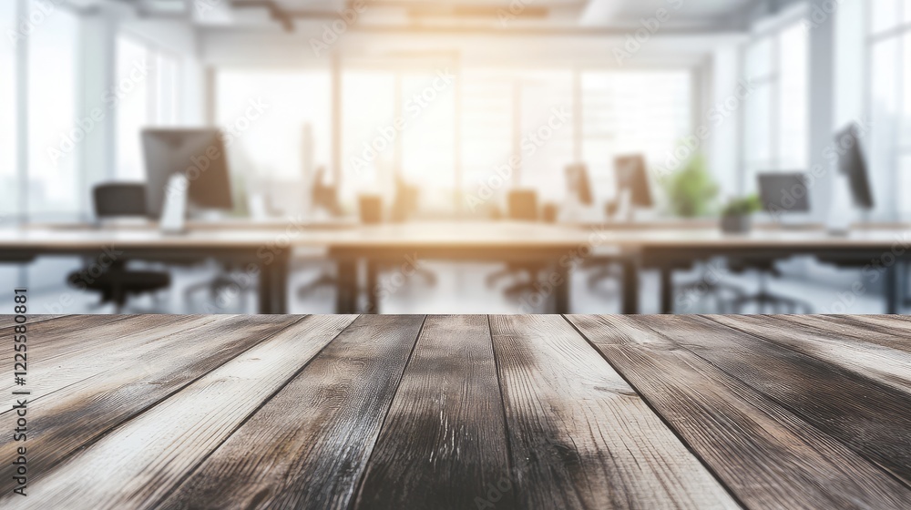 Poster rustic wooden table top with a blurred modern office background, illuminated by soft natural light. 