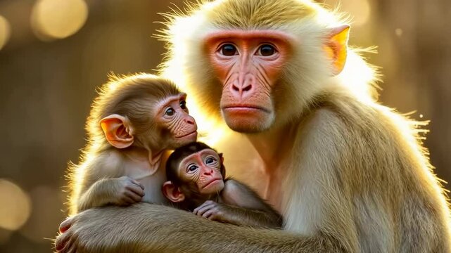  A heartwarming portrait of a monkey mother tenderly embracing her two infants, bathed in the golden light of sunset. 