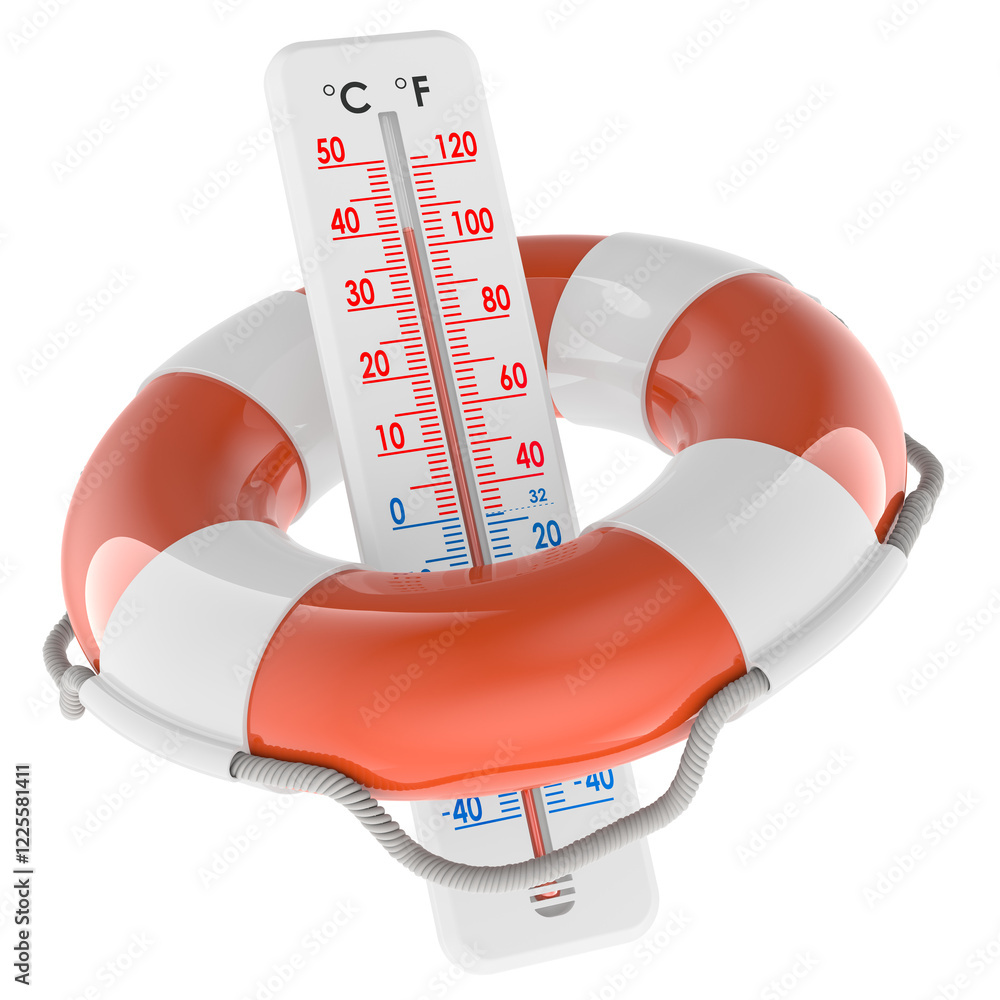 Poster thermometer with hight temperature inside lifebelt. protection from heat, concept. 3d rendering isol