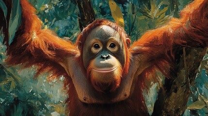 Obraz premium Orangutan hanging from a tree in a dense jungle, curious expression, vivid green background 