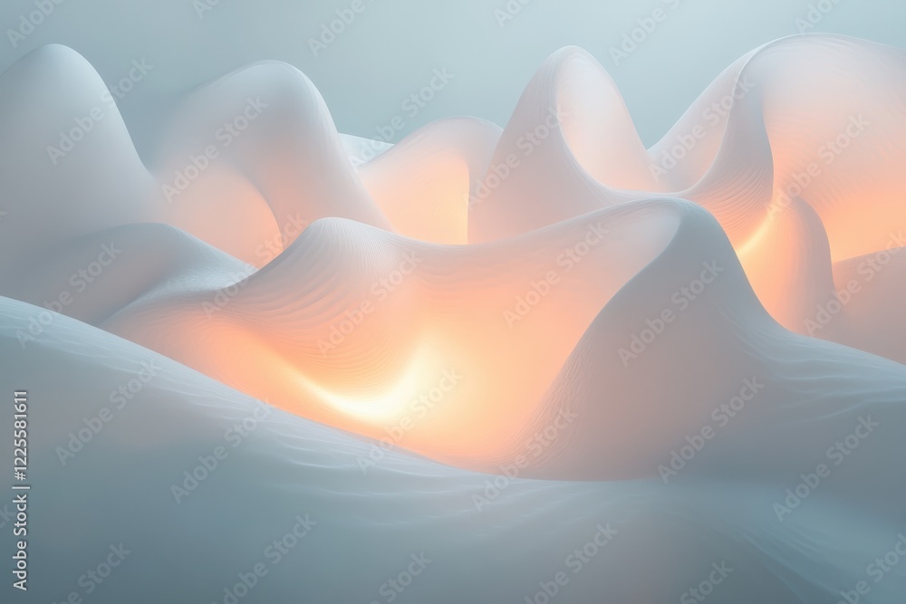 Poster ethereal glowing landscape with soft undulating forms in gentle light and shadow