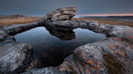 Fototapeta premium Rock formation reflects in a still pool of water on a desolate plateau under a dramatic twilight sky.