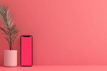Minimalistic phone and plant on a pastel pink background, ideal for modern aesthetics.