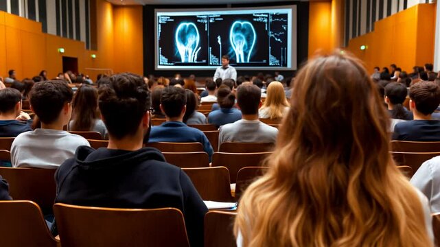 Medical students in classroom setting, attentively watching presentation on medical imaging. focus is on their engagement and educational environment
