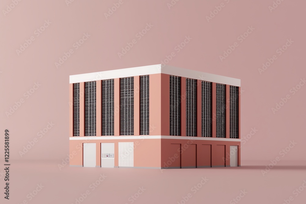Poster modern architectural building with a minimalist design and pastel color palette.