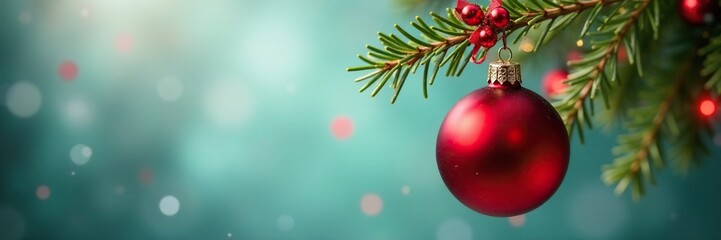 Red glass sphere hung from a branch with mistletoe and festive ribbons, spherical ornament, whimsical charm, mistletoe