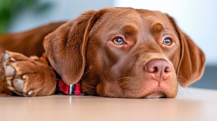 Chocolate Lab resting on table, indoor setting, blurred background
