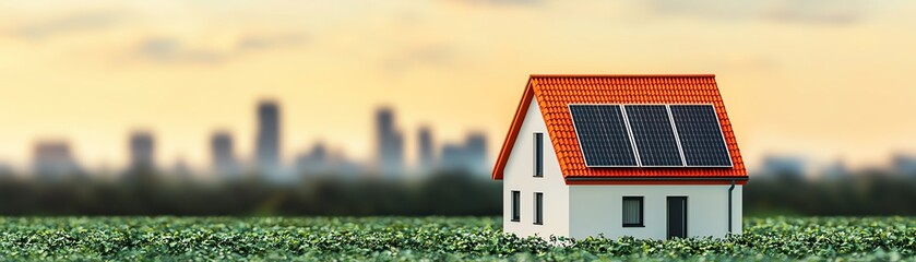 Modern house with solar panels in a field, showcasing sustainable living and urban backdrop.