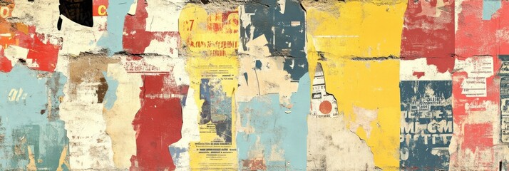 Fototapeta premium Colorful vintage wall with weathered and torn advertisement posters for urban decor theme