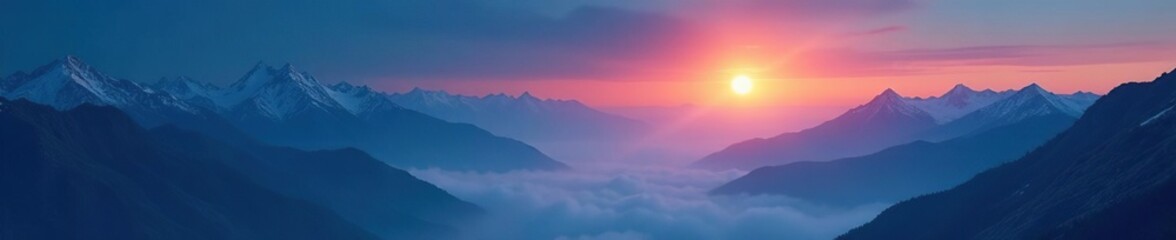 Obraz premium A dreamy landscape with misty valleys and towering peaks under the light of a full moon, peaks, valleys