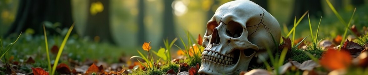 Skull with long grass and leaves tangled around it, foliage, autumn, forest