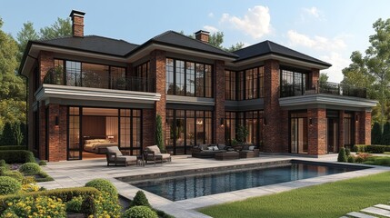 Fototapeta premium Beautiful brick house with a pool and a garden in front. Generative AI