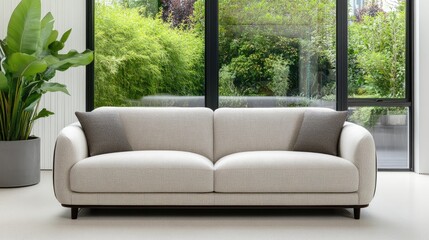 Fototapeta premium A spacious living room features a large window dressed with light curtains, allowing abundant natural light to fill the room, complemented by a potted plant and a cozy sofa.