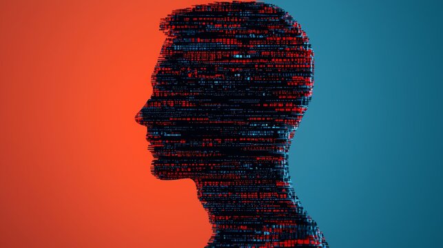 Silhouette of a person filled with binary code against a vibrant background.