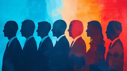 Silhouettes of diverse individuals standing in profile against a colorful backdrop.