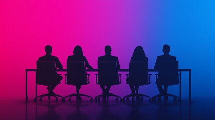 Fototapeta premium Silhouettes of a diverse group in a meeting against a vibrant gradient background.
