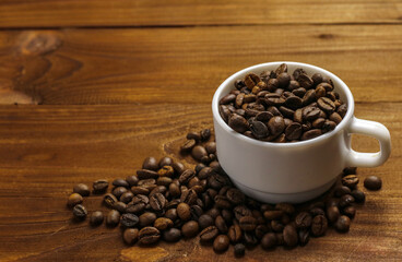 Coffee beans and tea leaves on table. Spices. Concept of taste and choice                      