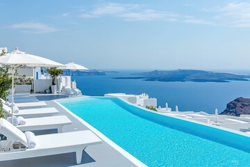 Fototapeta premium infinity pool overlooking ocean with sun loungers and umbrellas breathtaking european resort pool with infinity edge