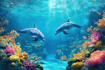 Fototapeta premium Two dolphins swim near a vibrant coral reef in clear blue ocean water, surrounded by marine life
