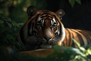 Fototapeta premium Majestic tiger resting in lush green foliage during a serene afternoon in the jungle