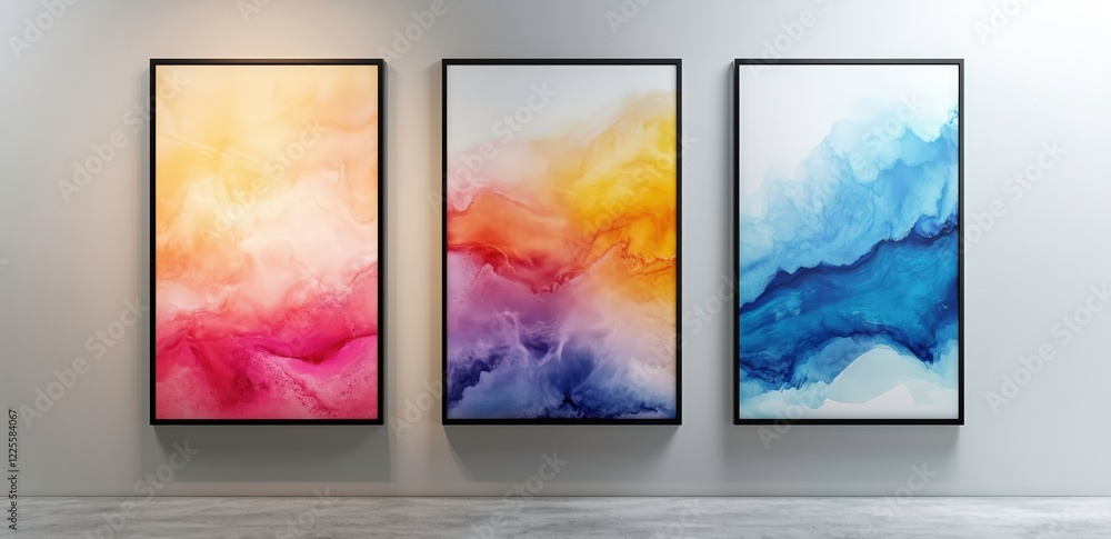 Poster abstract triptych: vibrant watercolor-style paintings in warm and cool tones displayed as a triptych