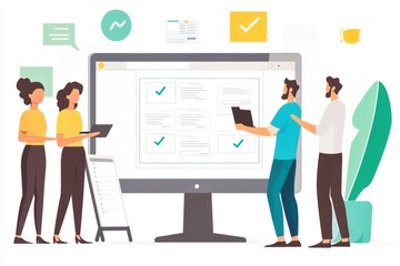Fototapeta premium Team collaboration on project checklist review.