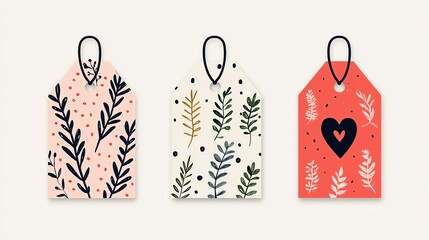 Three decorative tags with floral designs on a soft background.