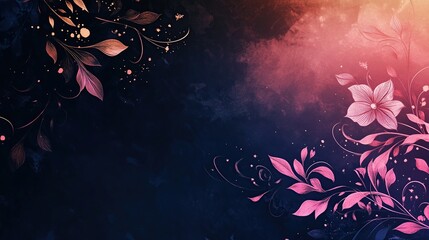 Dark Background Floral Design with Pink Flowers and Leaves