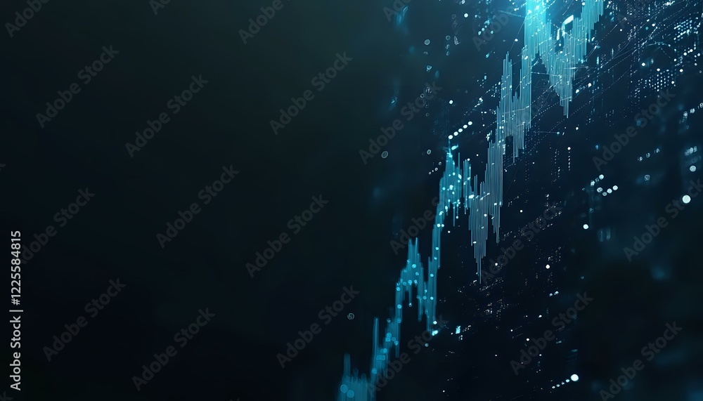Poster financial market data visualization with glowing blue candlestick chart on dark background showing s
