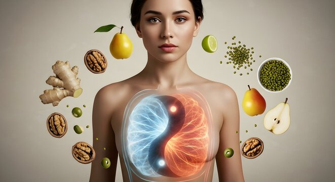 Holistic health and nutrition woman with yin yang symbol and healthy food orbiting