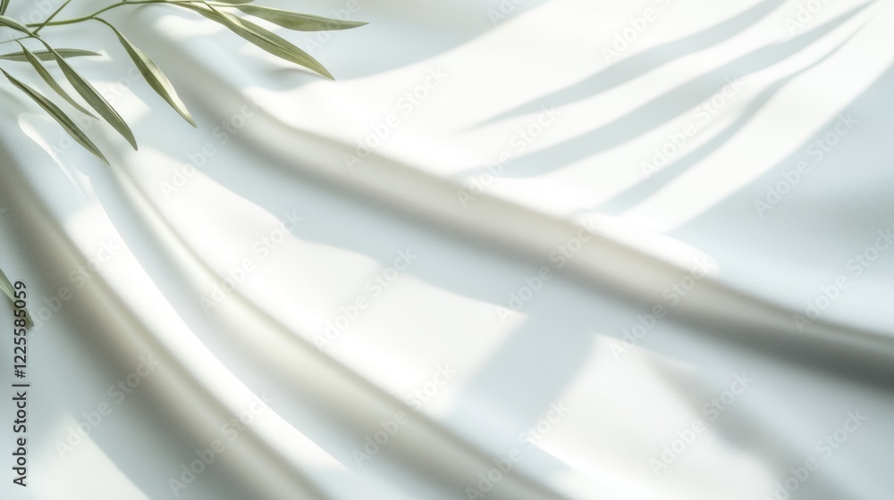 Poster Soft cascade of fabric illuminated by gentle sunlight filtering through leaves, creating a serene and tranquil atmosphere in a cozy room