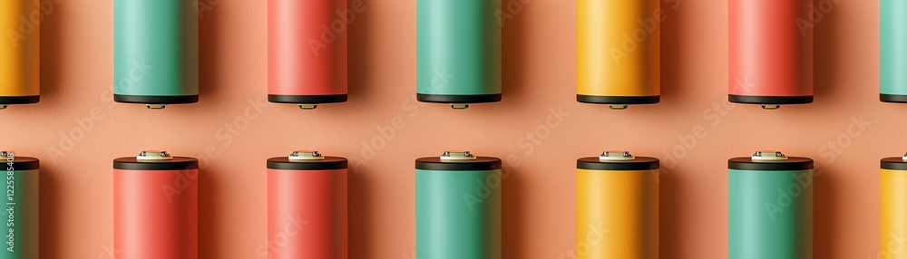 Poster vibrant color palette of batteries arranged in an artistic pattern on a peach background.