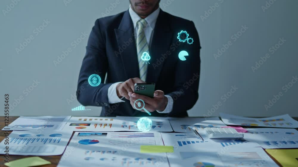 Poster close up of hands working and calculate on business financial and marketing on paperwork and present