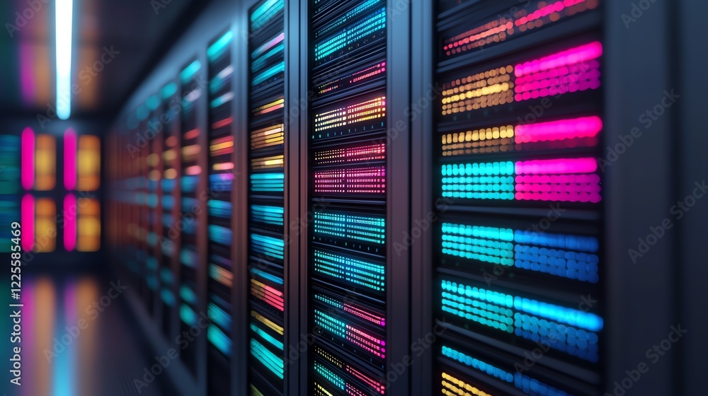 Poster vibrant data center with glowing servers in a modern tech environment.