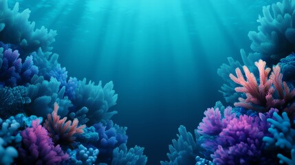 Naklejka premium Vibrant coral reef with colorful corals under shimmering water rays.