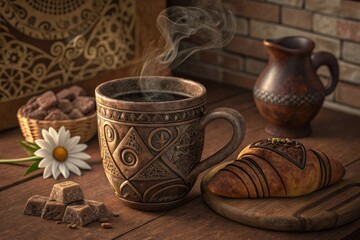 Fototapeta premium Aromatic coffee in a carved ceramic mug