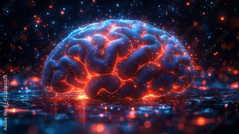 Poster colorful electric brain glowing in darkness amidst shimmering particles creating a surreal and capti