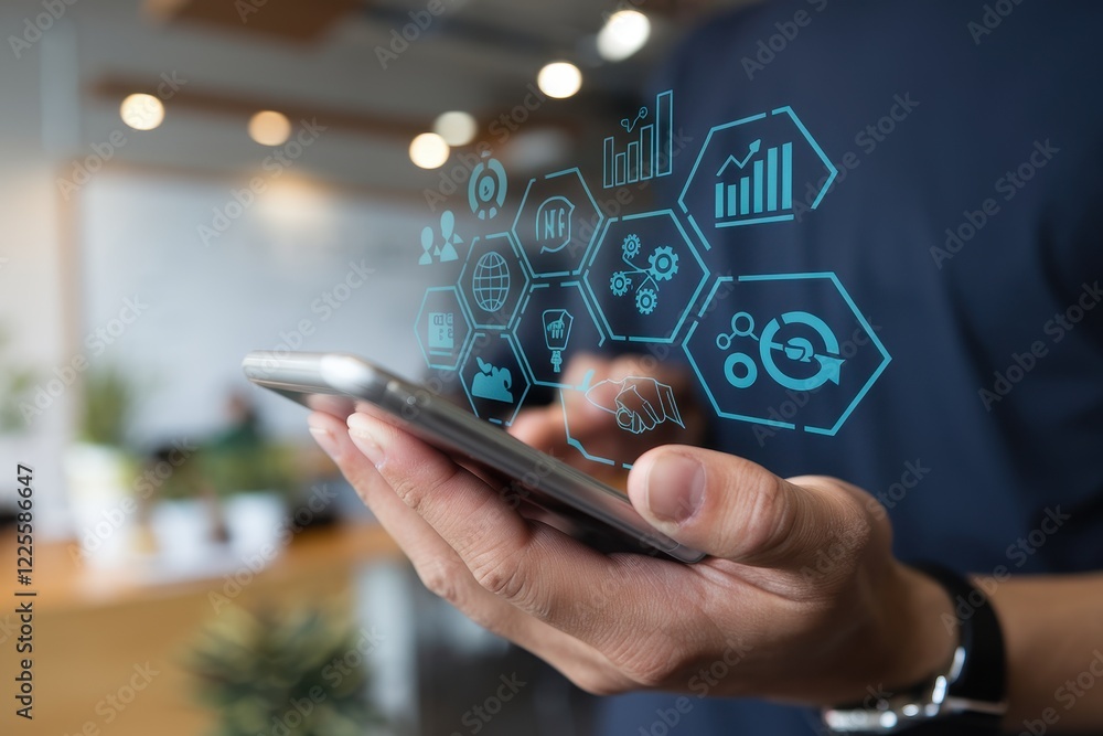 Poster modern business technology: data analytics and mobile interface