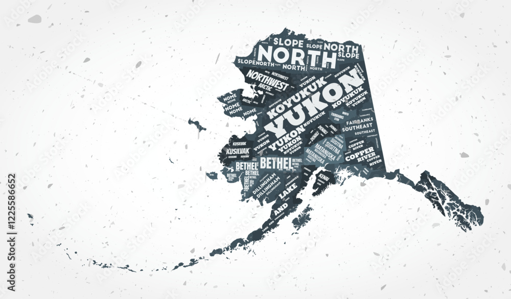 Poster alaska counties word clouds. state shape on textured background. alaska design in typographic style.