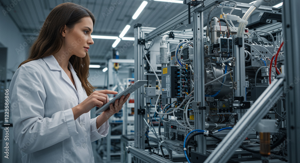 Poster woman interacting with technology in a science lab using a tablet for analysis and research