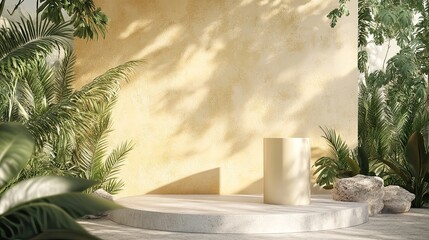 Tropical Display Setting With Minimalist Product Stand